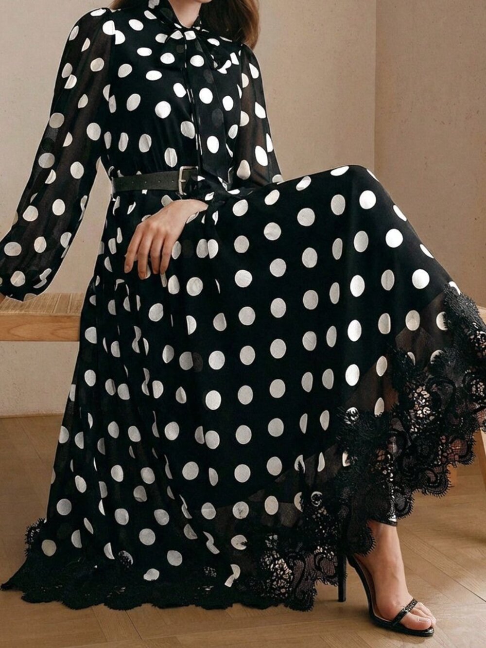 Black & White Elegant Women's Polka Dot Chiffon Lace Tie Waist Long Sleeve Dress